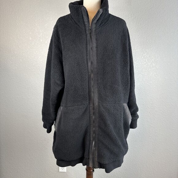 Athleta Womens Longline Tugga Sherpa Fleece Coat Plus Size 3X Black Cozy Warm - Picture 1 of 9